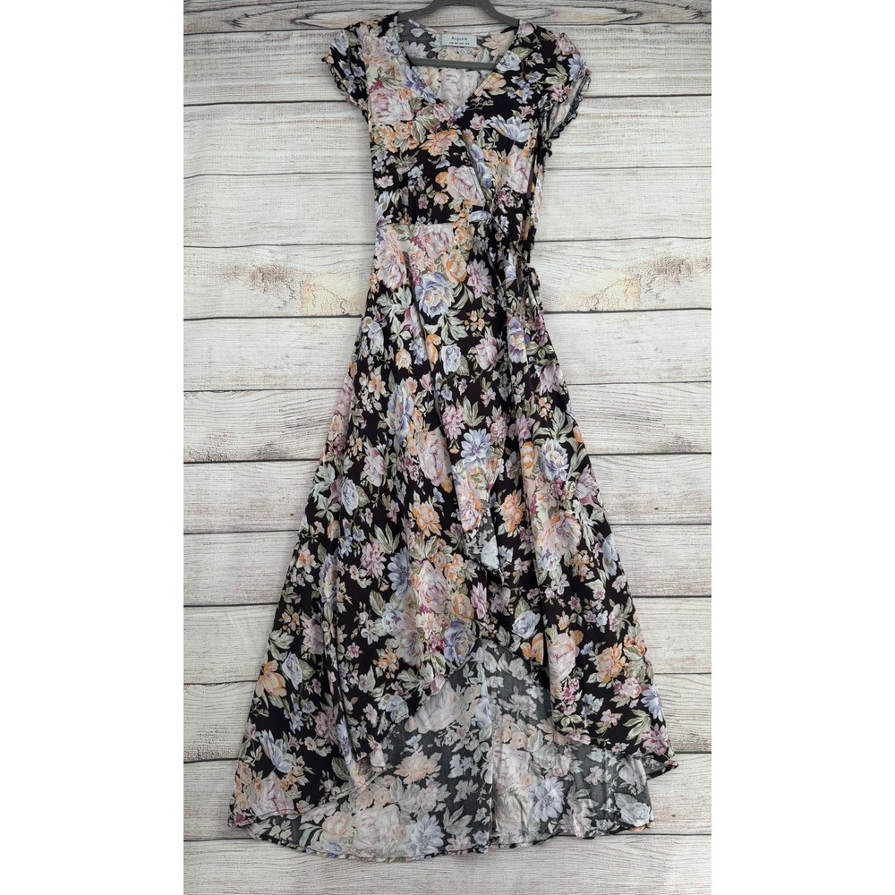 Auguste Wrap Dress Women Size 6 Black Floral High Low V-Neck Cap Sleeve Boho